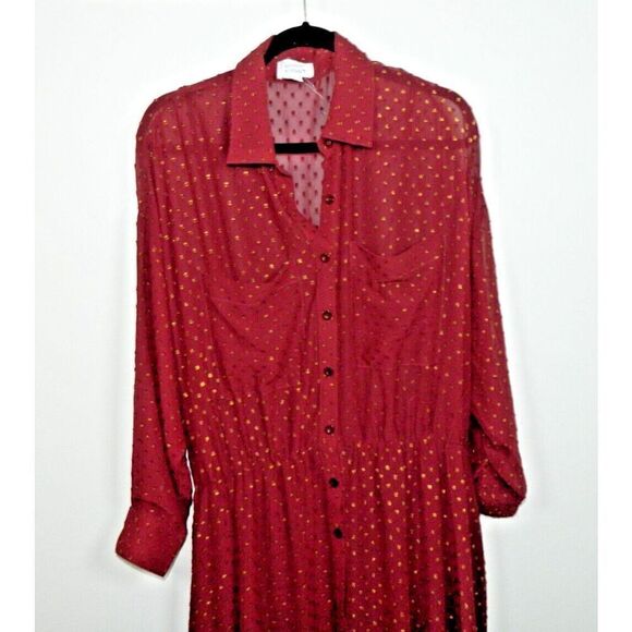 Unique Vintage Dress Size 3X/20 Burgundy Gold Clip Dot Blanche Maxi Shirt Belted - Picture 9 of 10
